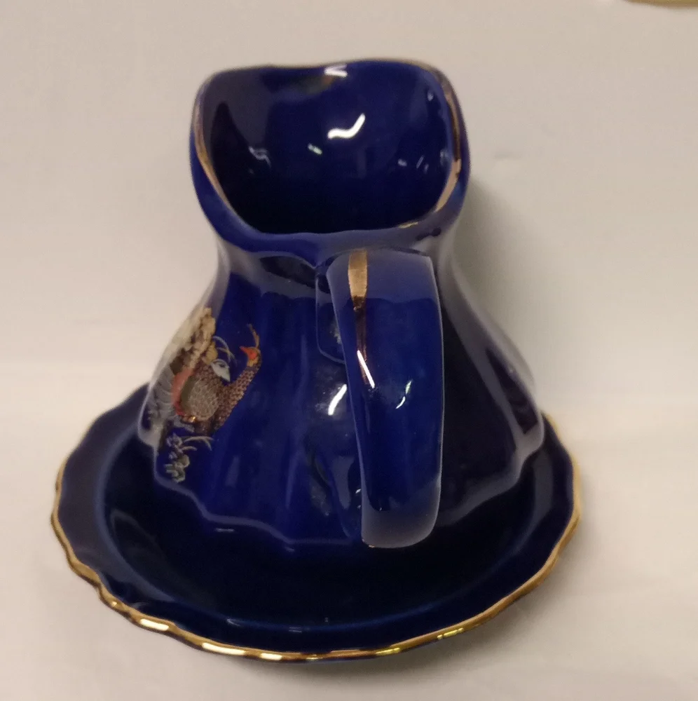 Cobalt Blue Rib Pitcher, Peacock Bird, Floral Pattern & Saucer 4.5